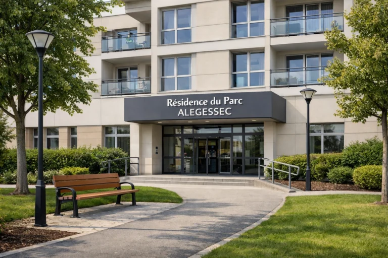 Entrée moderne de la Résidence du Parc Alegessec avec façade claire, grandes fenêtres et espace vert urbain soigné.