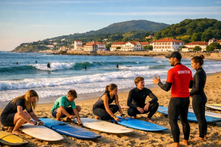 Plage de Saint-Jean-de-Luz avec surfeurs et moniteurs préparant leurs planches sous le soleil doux.