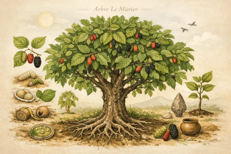 Illustration d’un mûrier avec racines visibles, feuilles vertes et fruits mûrs.