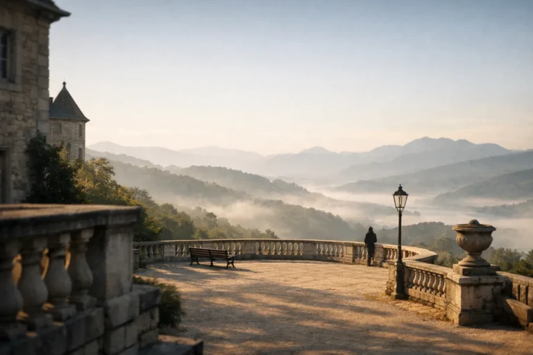 Belvédère en pierre au lever du jour, brume sur collines, silhouette contemplant un paysage européen.