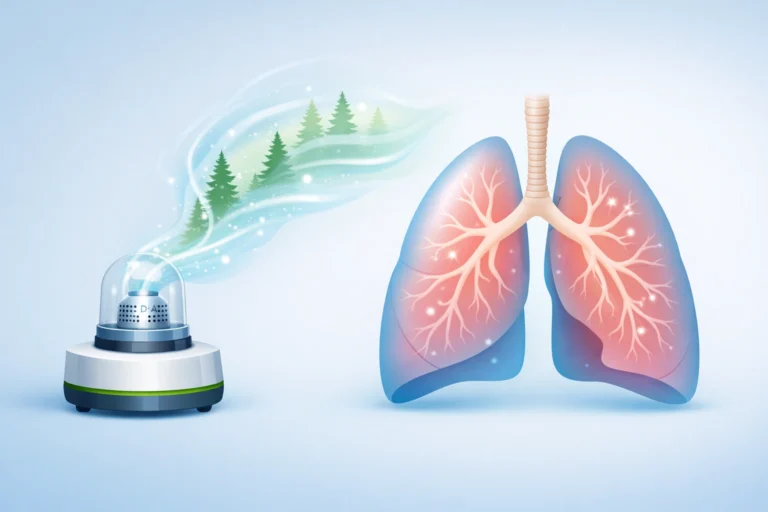 Illustration montrant des poumons recevant un air pur enrichi d’essence de pin depuis un dispositif médical.