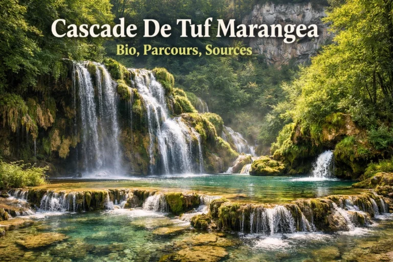 Grande cascade africaine sur roches de tuf, entourée de végétation luxuriante et baignée de lumière douce.