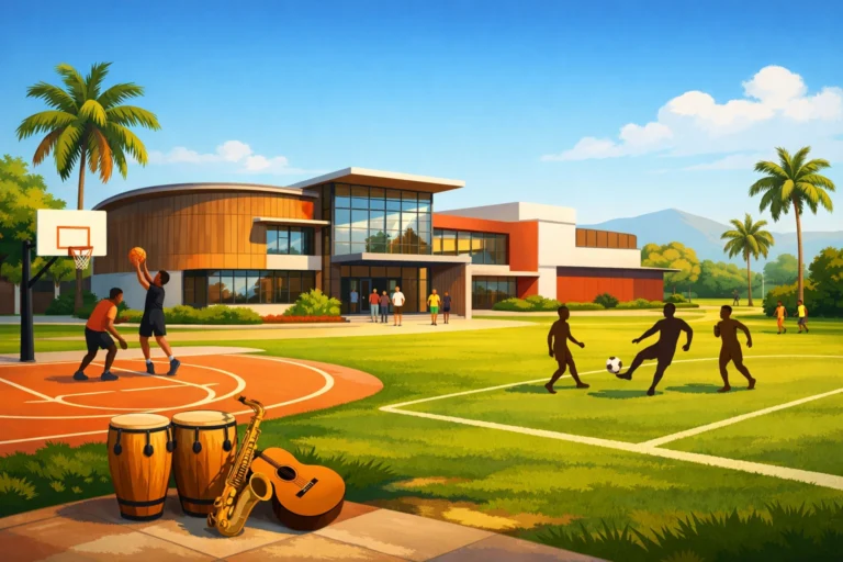 Illustration d’un centre culturel et sportif moderne en Haïti avec activités sportives et ambiance communautaire.