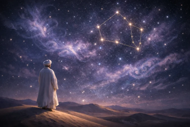 Un soufi contemple la constellation de Céphée brillant au-dessus d’un désert nocturne mystique.