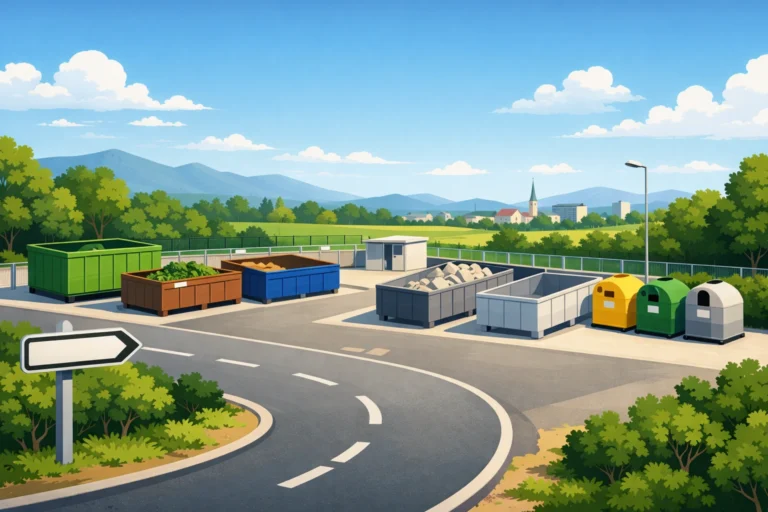 Illustration d’une déchèterie à Alixan avec bennes de tri, route d’accès et paysage verdoyant local.