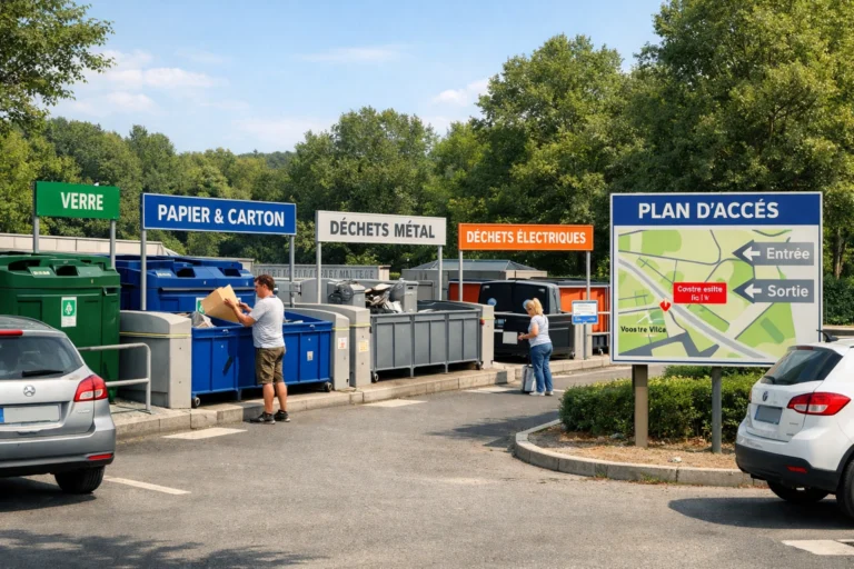 Déchèterie moderne en ville française avec bacs triés, panneaux en français et voitures garées."