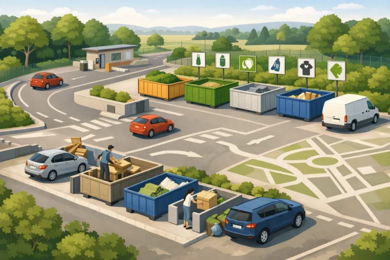 Illustration d’une déchèterie moderne avec bennes de tri, voitures en circulation et environnement verdoyant autour.