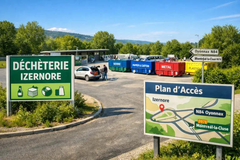 Déchèterie moderne à Izernore avec conteneurs de tri, véhicules et panneau d’accès visible.