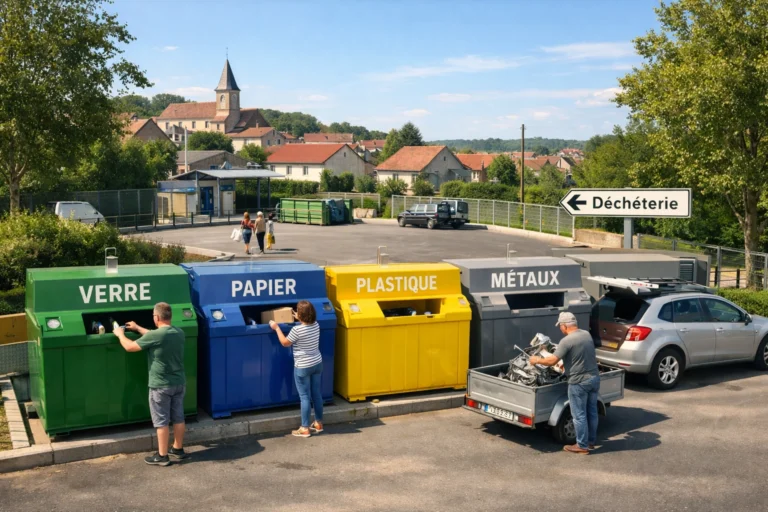 Déchèterie de Pierry avec bacs de tri colorés et personnes déposant verre, papier, plastique, métal.
