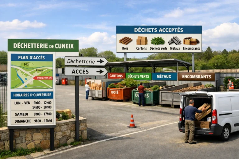 Déchetterie de Cuneix avec bennes de tri, panneaux horaires et usagers déposant leurs déchets locaux.