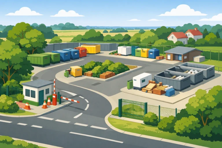 Illustration d’une déchetterie à Orgenoy avec bennes colorées, route d’accès et environnement verdoyant.