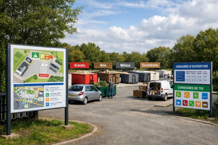 Déchetterie d’Étrépagny avec bennes de tri, panneaux d’information et usagers déposant leurs déchets en Normandie.