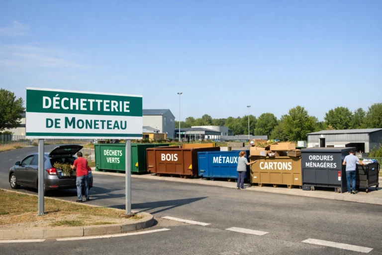 Vue de la déchetterie de Moneteau avec des containers triés et des habitants déposant leurs déchets.