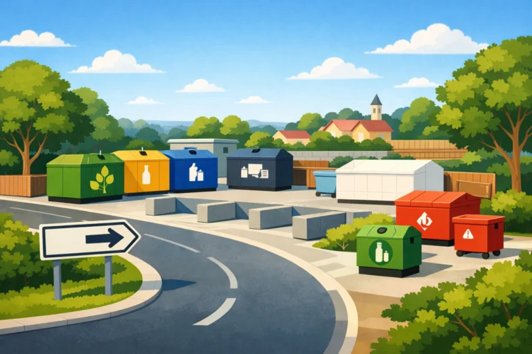 Illustration d’une déchetterie française propre avec bennes colorées, route d’accès et arbres en périphérie.