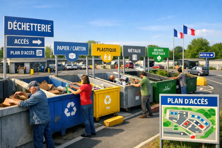 Centre de recyclage moderne en France avec bennes triées et personnes déposant des déchets proprement.