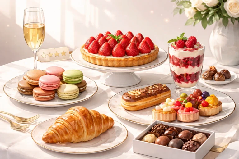 Assortiment élégant de pâtisseries françaises avec tarte aux fraises, macarons, croissant et chocolats.