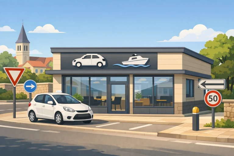 Illustration d’une école de conduite à Grièges avec voiture, route et symbole de navigation