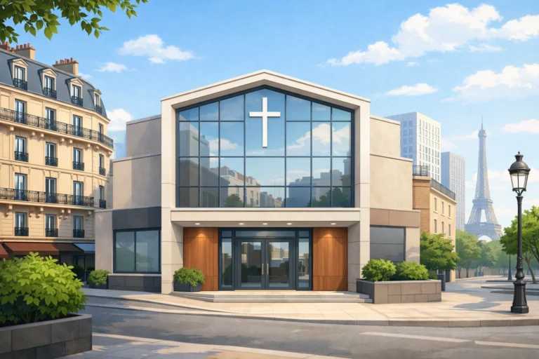 Illustration d’une église protestante moderne à Paris, intégrée dans un quartier urbain lumineux et calme.