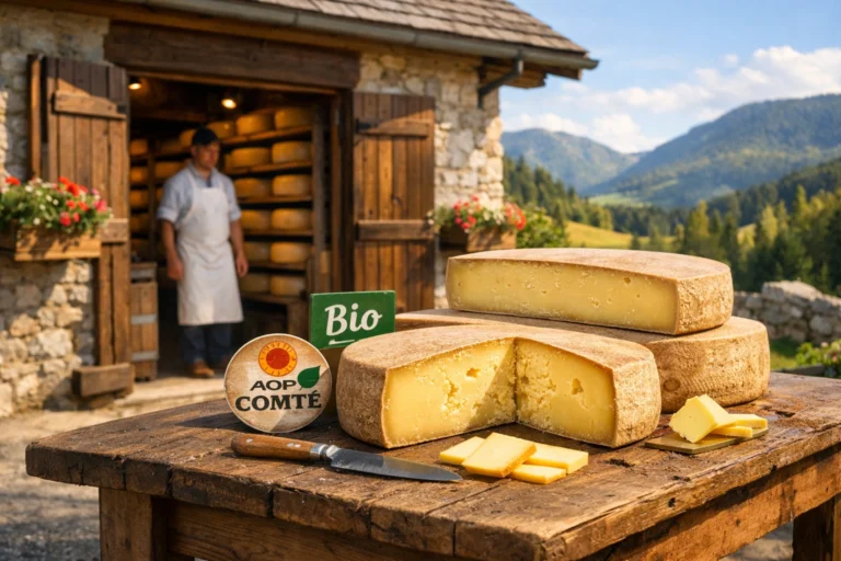 Fromagerie du Jura avec meules de comté bio, fromager et montagnes alpines en arrière-plan lumineux!