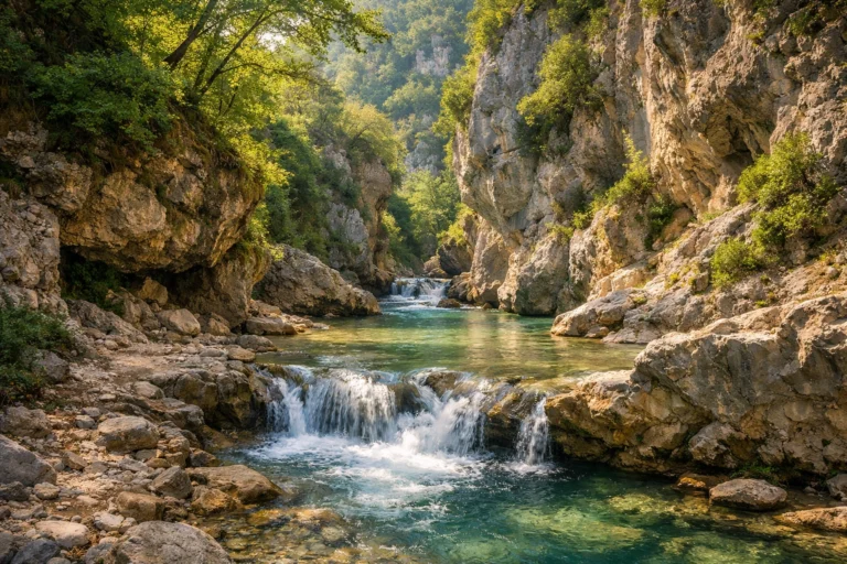 Vue du Gorge du Toulourenc avec rivière claire, cascades et falaises verdoyantes.