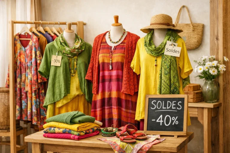Vêtements colorés et éco-responsables de Gudrun Sjödén exposés dans un magasin lumineux.