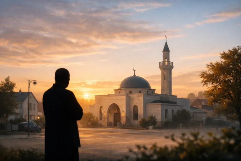 Silhouette en prière devant une mosquée moderne à Élancourt, à l’aube, lumière douce et ciel doré.