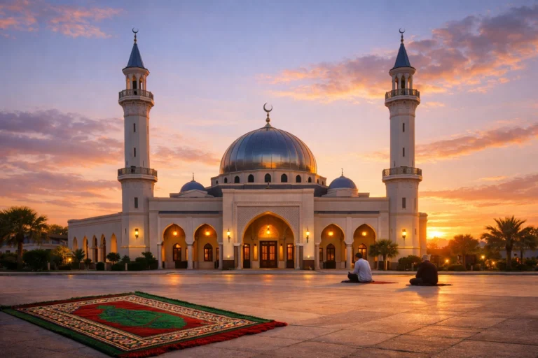Mosquée Tariq Ibn Ziyad aux Mureaux au coucher du soleil, avec tapis de prière et fidèles.