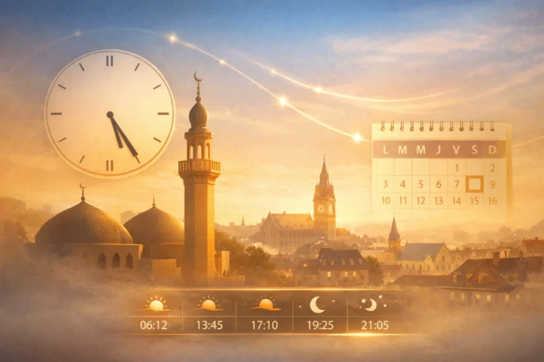 Vue d'une mosquée à Roubaix avec horloge, calendrier et horaires de prière au coucher du soleil.