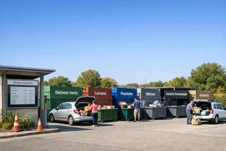 Centre de déchetterie français avec bennes de tri, usagers déposant cartons, plastiques et déchets verts.