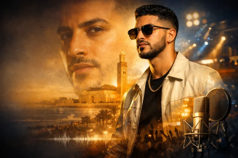 Portrait artistique de Jàdôr Lkao sur fond urbain marocain et ambiance musicale élégante.
