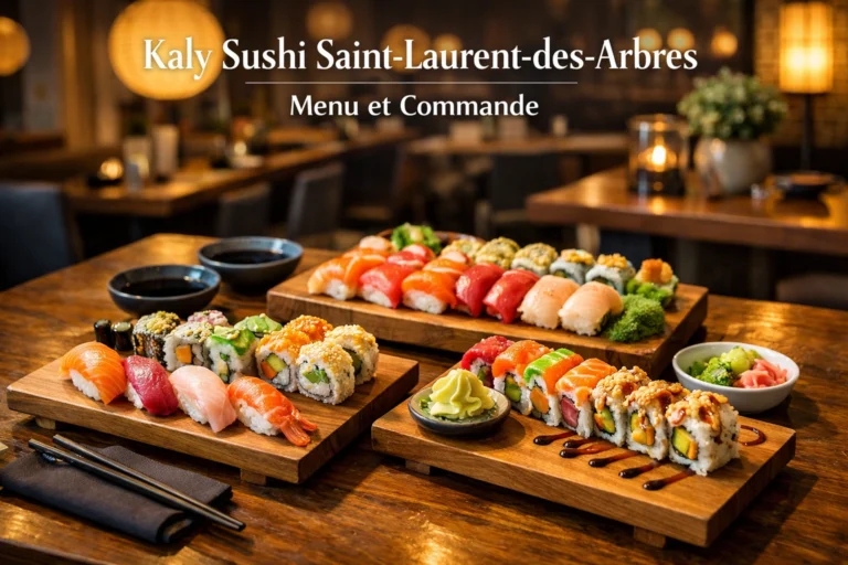 Plan rapproché de plateaux de sushis colorés sur table en bois dans un restaurant moderne et chaleureux.