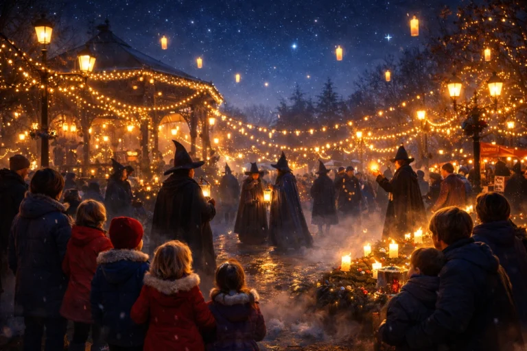 Scène nocturne avec sorciers, lanternes et familles réunies dans un parc illuminé à Bron en hiver.