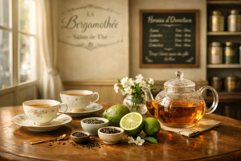 Thé à la bergamote servi dans un salon français élégant avec citrons et tasses en porcelaine.