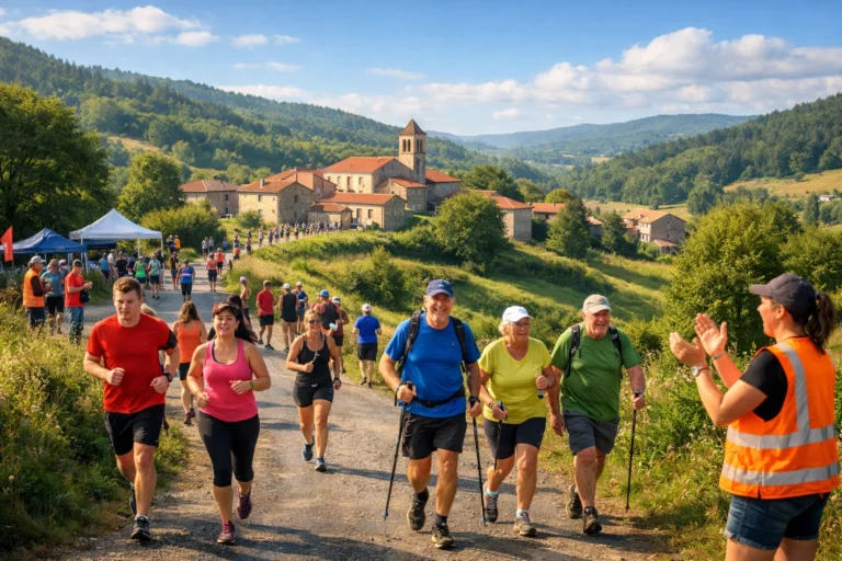 Coureurs et marcheurs de tous âges sur un chemin rural à Champoly, village entouré de collines vertes.