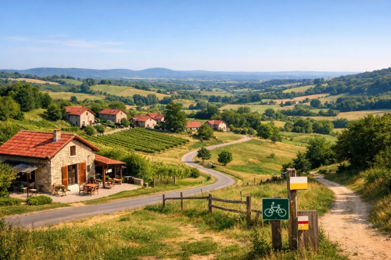 Paysage rural de La Doublaude avec maisons en pierre, vignobles et routes sinueuses.