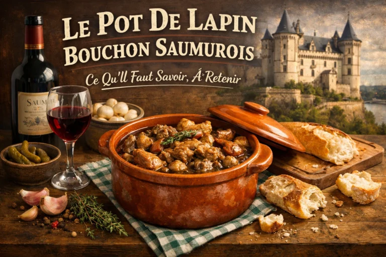 Pot de lapin artisanal sur table en bois, pain de campagne, cornichons et verre de vin de Saumur traditionnel.