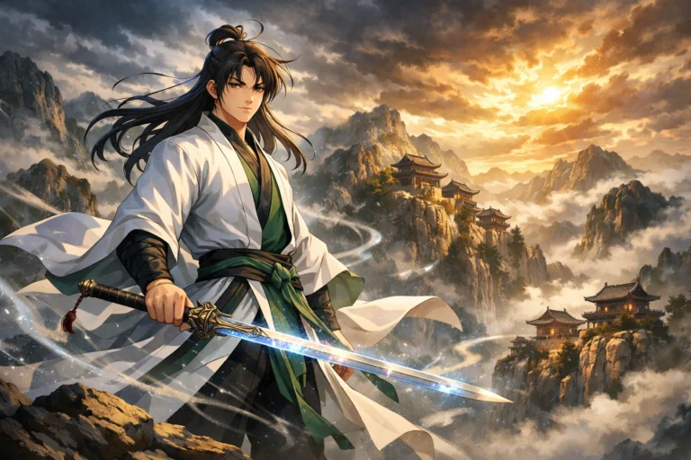 Jeune épéiste du clan Hwasan sur une montagne, épée brillante et temples en arrière-plan.