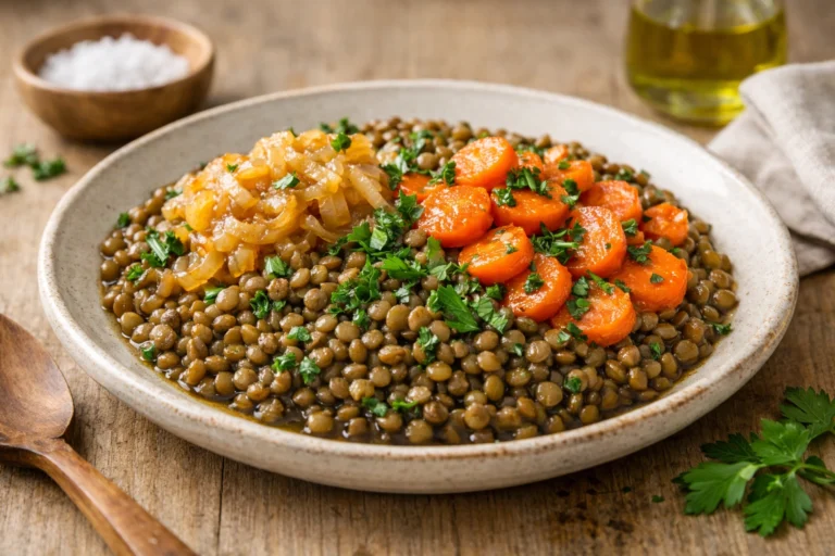 Plat de lentilles mijotées avec carottes, oignons fondants et persil frais, présenté dans une assiette.