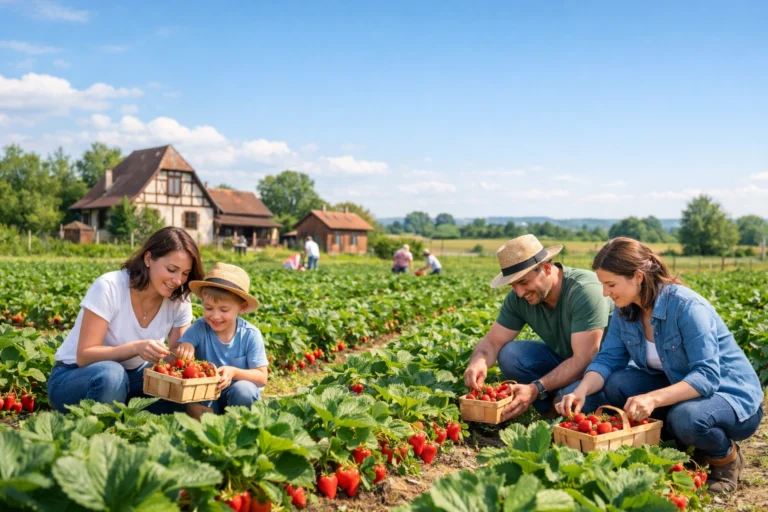 Une famille cueille des fraises dans un champ verdoyant près d’une maison alsacienne ensoleillée.