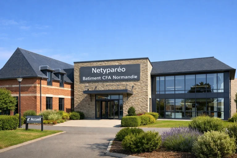 Façade moderne du bâtiment Netyparéo CFA Normandie avec jardins et chemin d'accès.