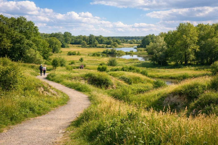 Sentier sinueux au cœur des dolines verdoyantes du parc de Limère, avec prairies naturelles, étangs et promeneurs discrets.