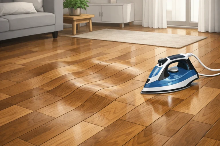Illustration d’un parquet gondolé dans un intérieur moderne avec un fer à repasser posé au sol.