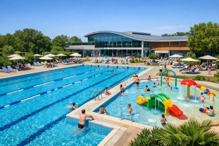 Piscine municipale moderne en été avec bassin extérieur, familles, jeux d’eau et espace détente.