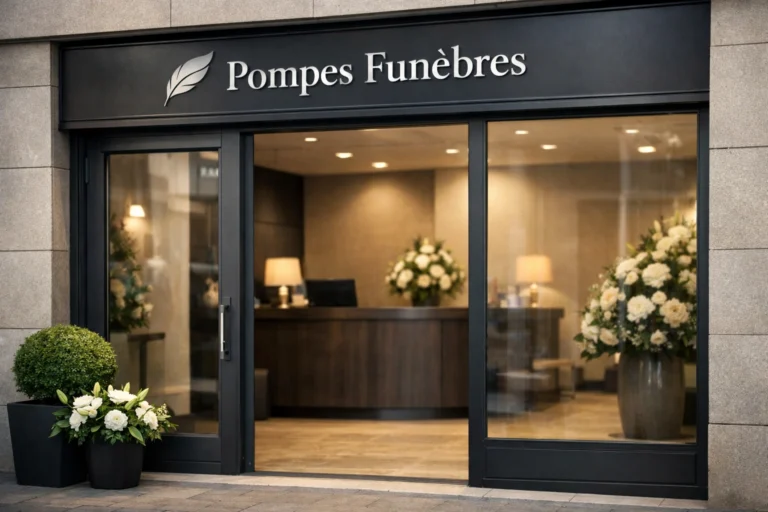 Façade élégante d’une agence de pompes funèbres en France, avec fleurs et accueil sobre et apaisant.