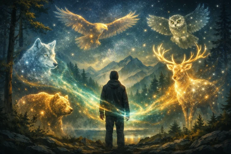 Personne de dos connectée à ses animaux totems lumineux dans un paysage mystique de forêt, montagnes et ciel étoilé.