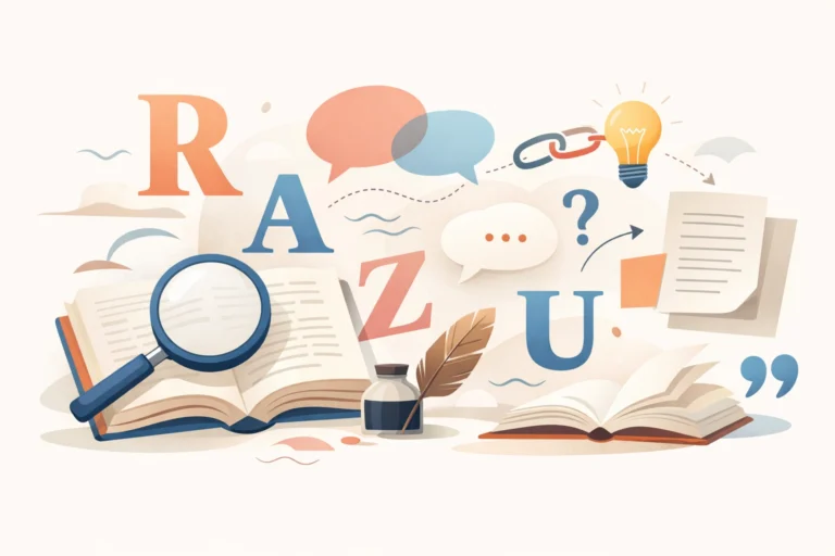 Illustration vectorielle montrant des livres ouverts, des lettres flottantes et des symboles liés au sens des mots.