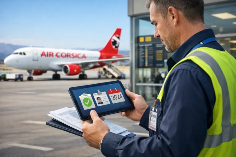 Avion Air Corsica sur le tarmac avec agent consultant une tablette pour le renouvellement d’accréditation 2024.