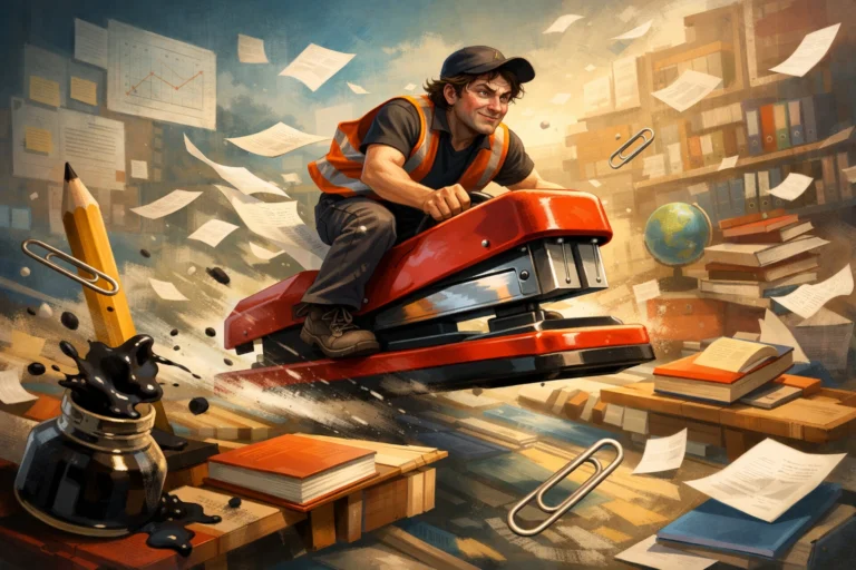 Un homme chevauche un énorme agrafeuse à travers un chaos de papiers et livres flottants.