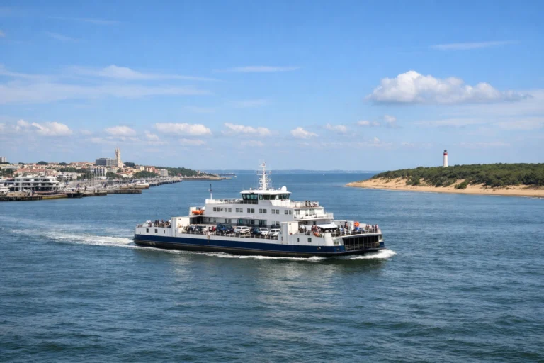 Bac reliant Royan à Le Verdon-sur-Mer traversant l’estuaire de la Gironde par temps clair avec voitures et passagers.