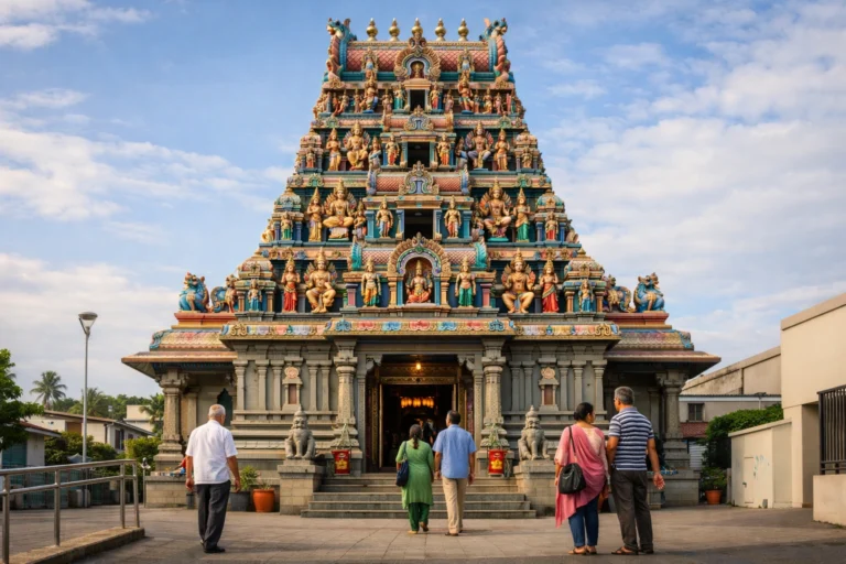 Temple tamoul Narassingua Péroumal avec gopuram coloré, fidèles entrant sous un ciel clair et ambiance paisible.